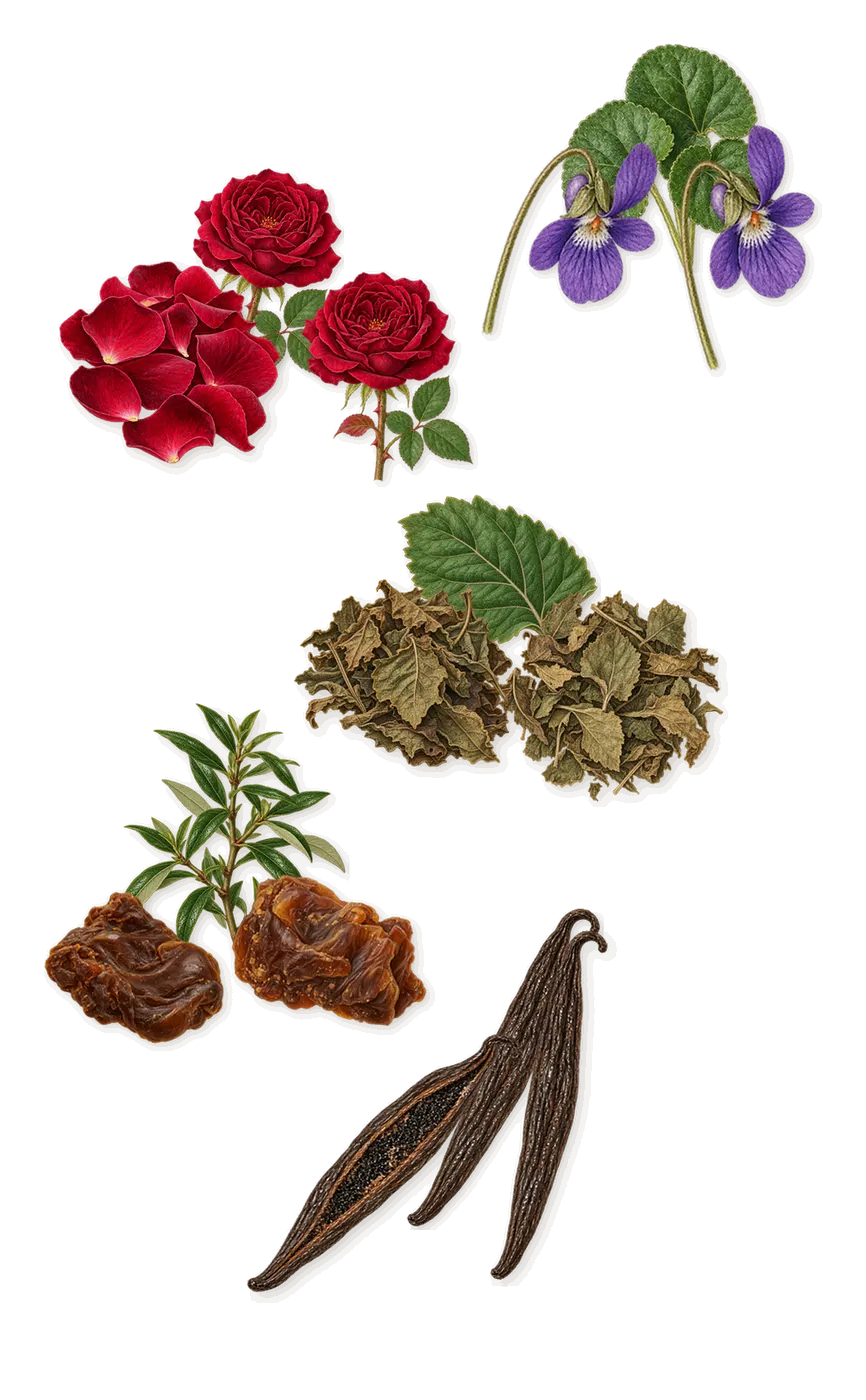 O16e, as it settles: Rose, Violet, Vanilla, Labdanum, Patchouli