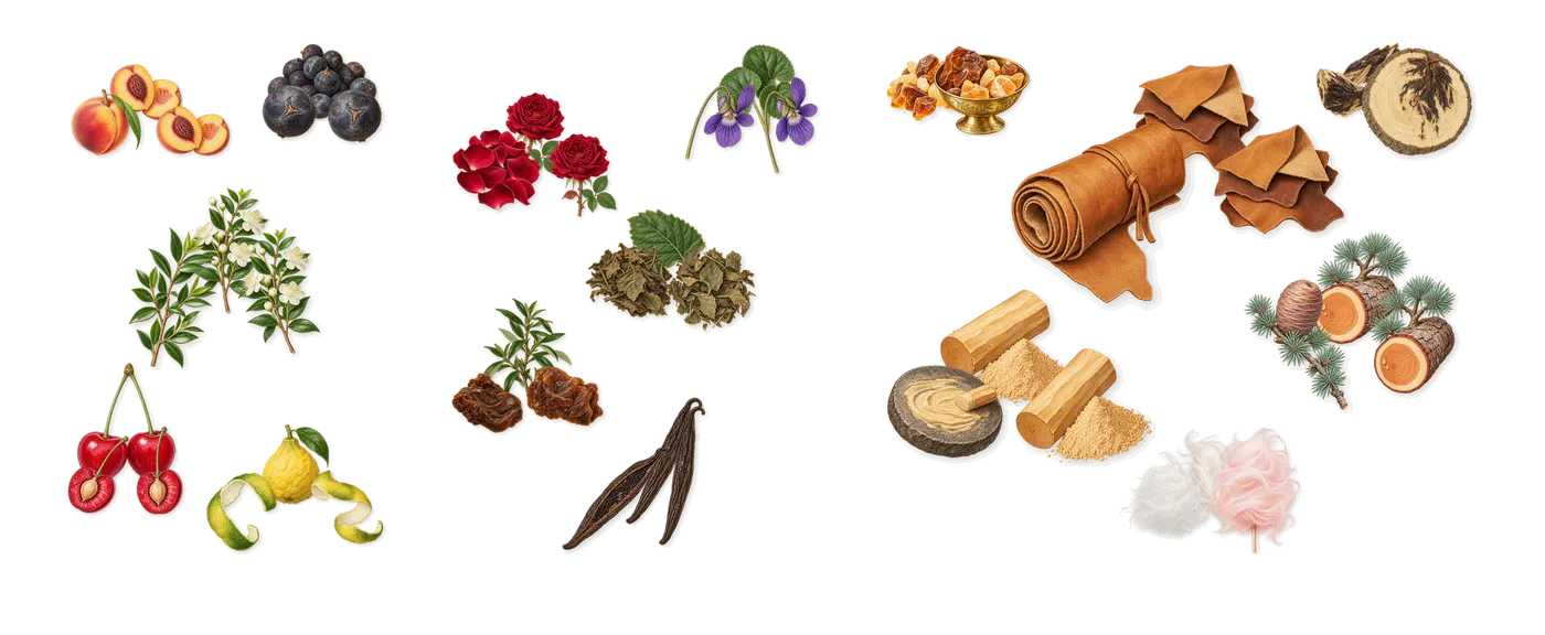 O16e’s scent picture, a draft: cherry, juniper, peach, myrtle, rose, violet drawn so far; dashed outlines where nothing is drawn yet