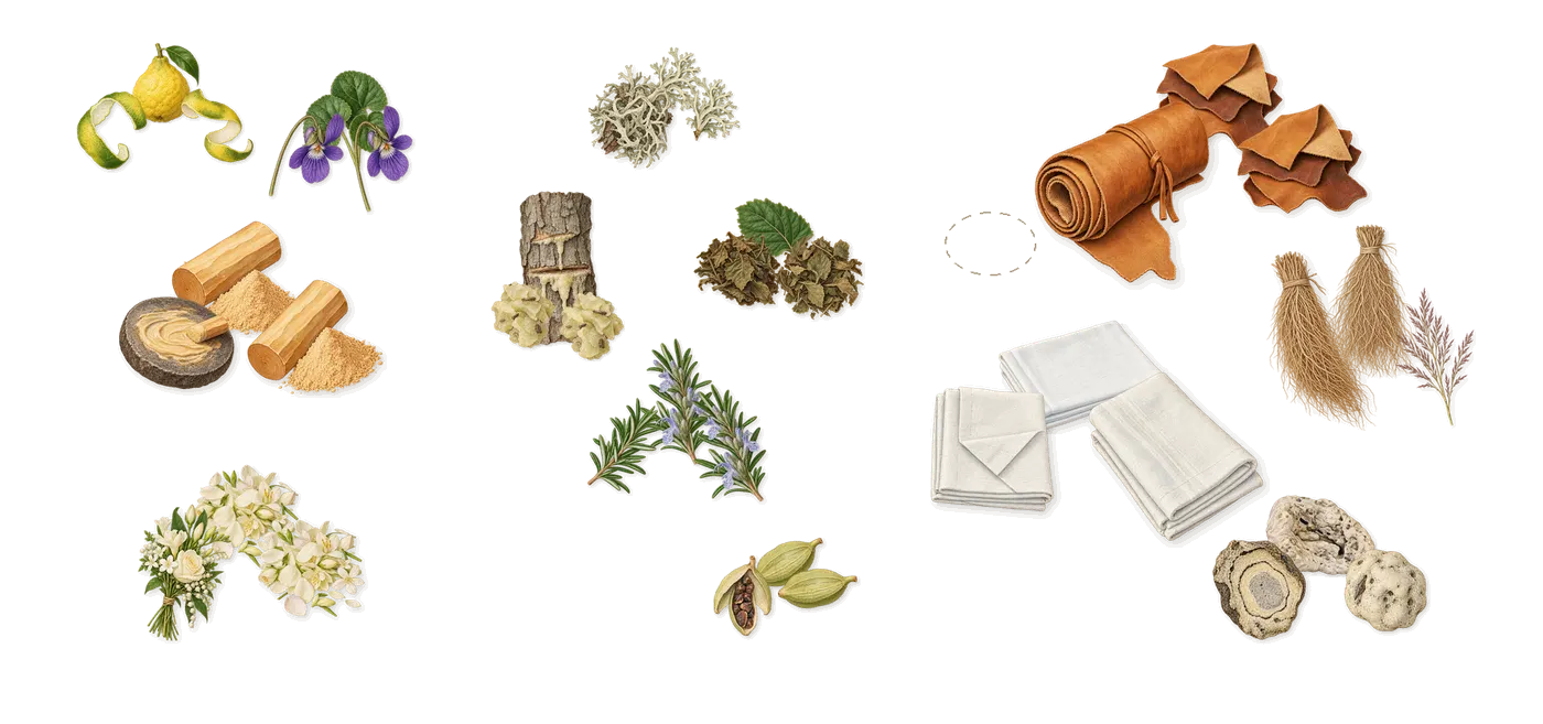 Saint Tropez’s scent picture, a draft: violet, sandalwood, white flowers, bergamot, oakmoss, patchouli drawn so far; dashed outlines where nothing is drawn yet