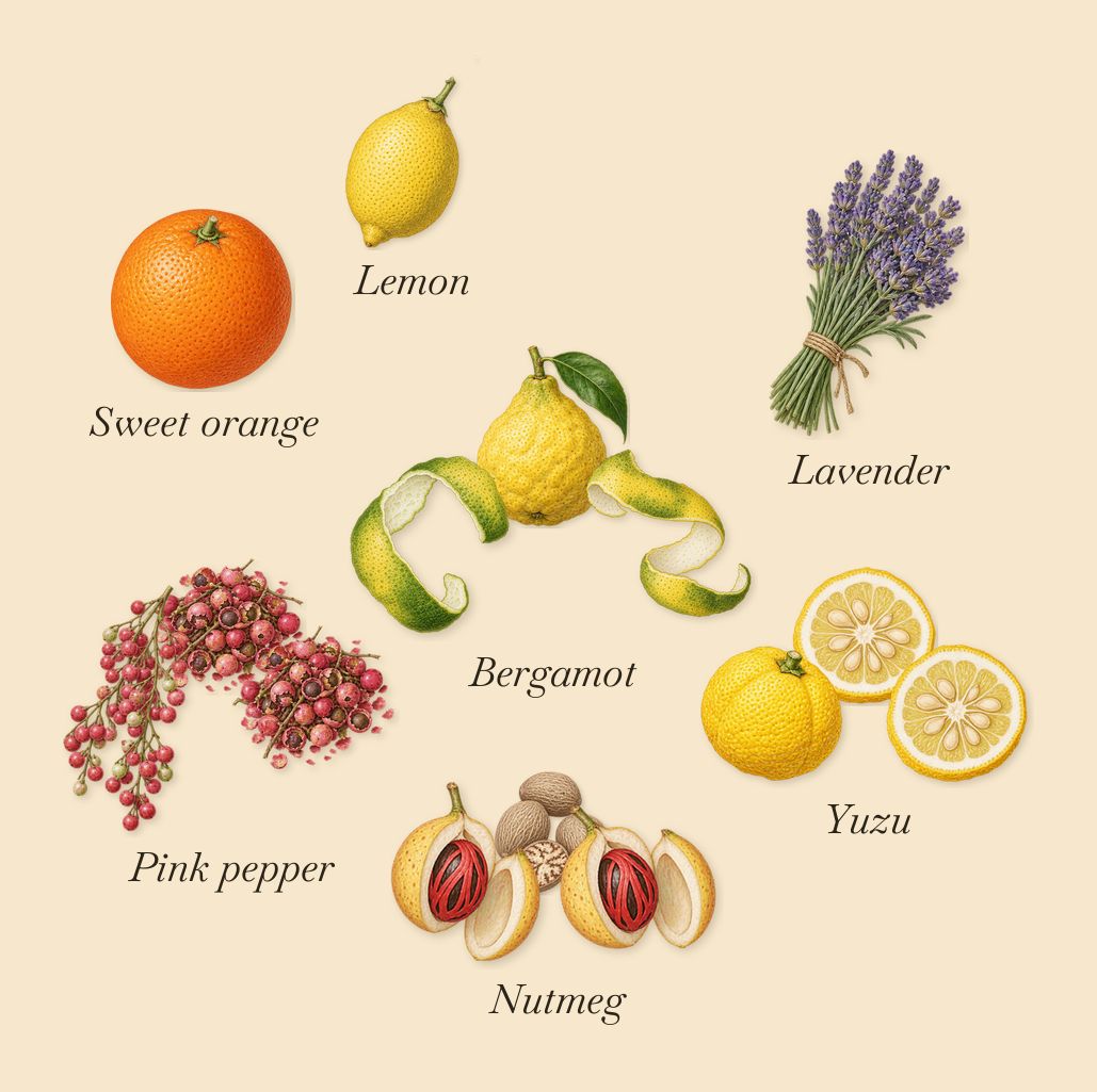 Amberful, when you spray it: Pink pepper, Yuzu, Bergamot, Nutmeg, Lemon, Sweet orange, Lavender