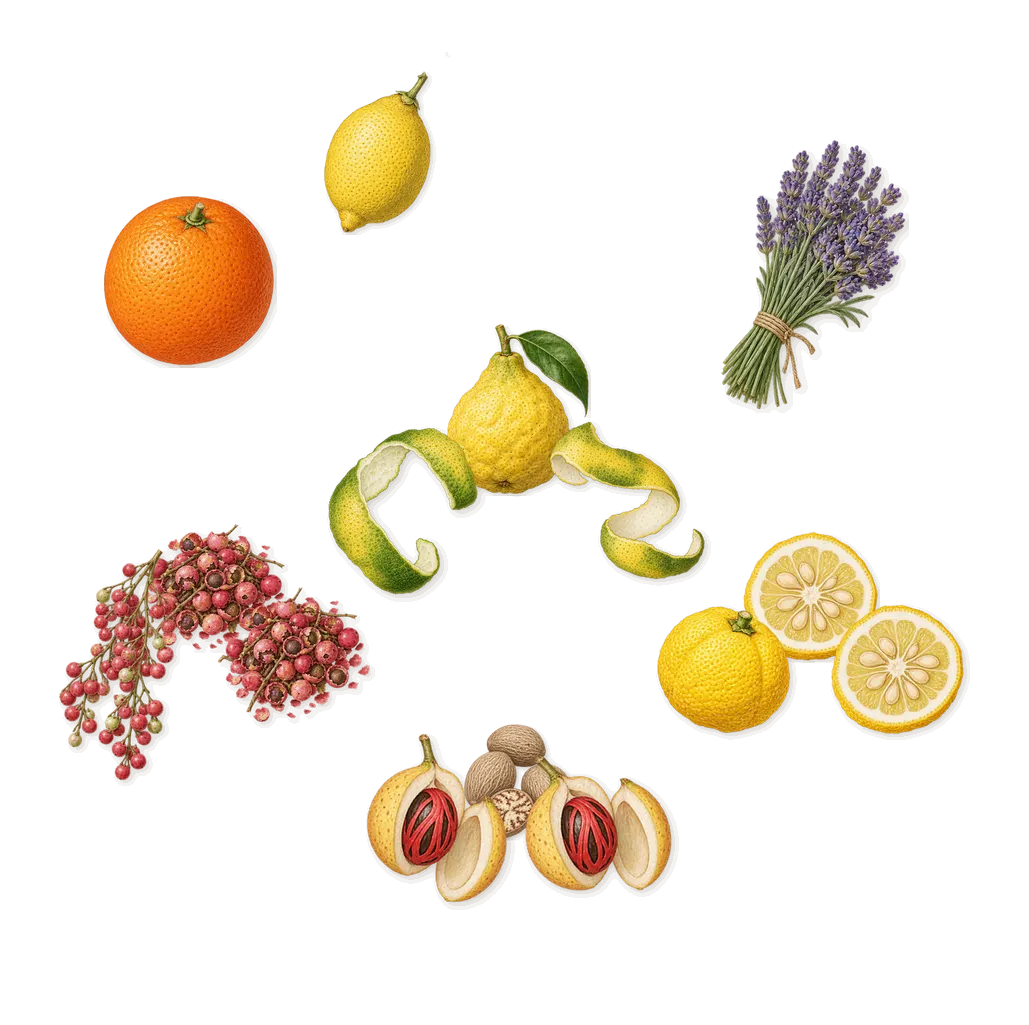 Amberful, when you spray it: Pink pepper, Yuzu, Bergamot, Nutmeg, Lemon, Sweet orange, Lavender