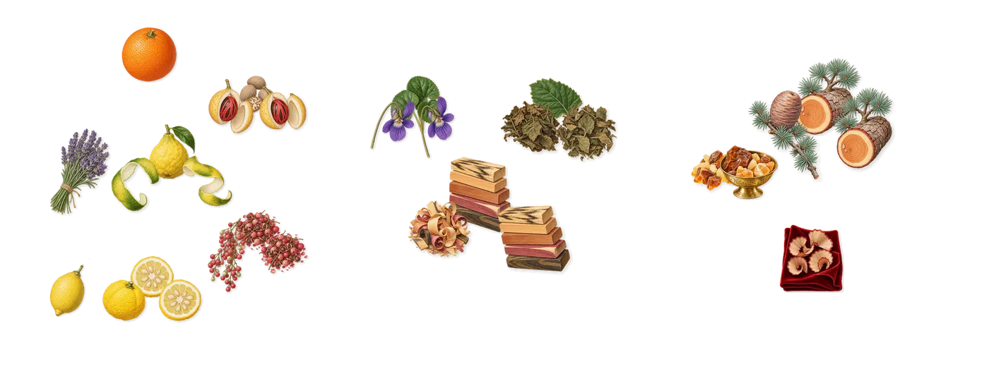 Amberful’s scent picture, a draft: pink pepper, yuzu, bergamot, nutmeg, woodsy amber, violet drawn so far; dashed outlines where nothing is drawn yet