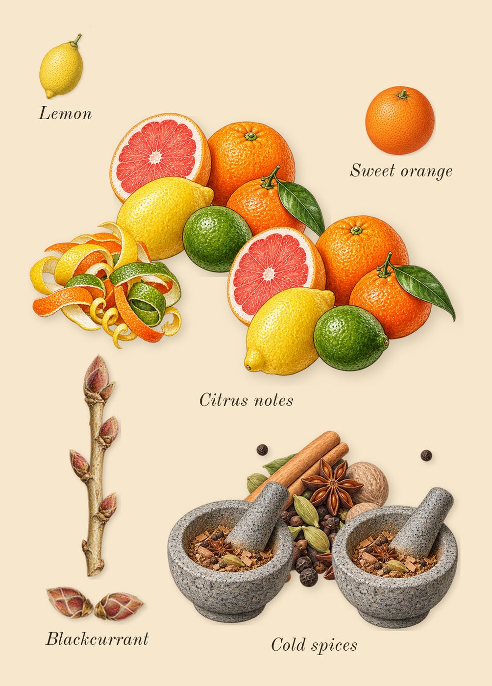Cedrat Boise, top notes: Citrus notes, Blackcurrant, Cold spices, Sweet orange, Lemon