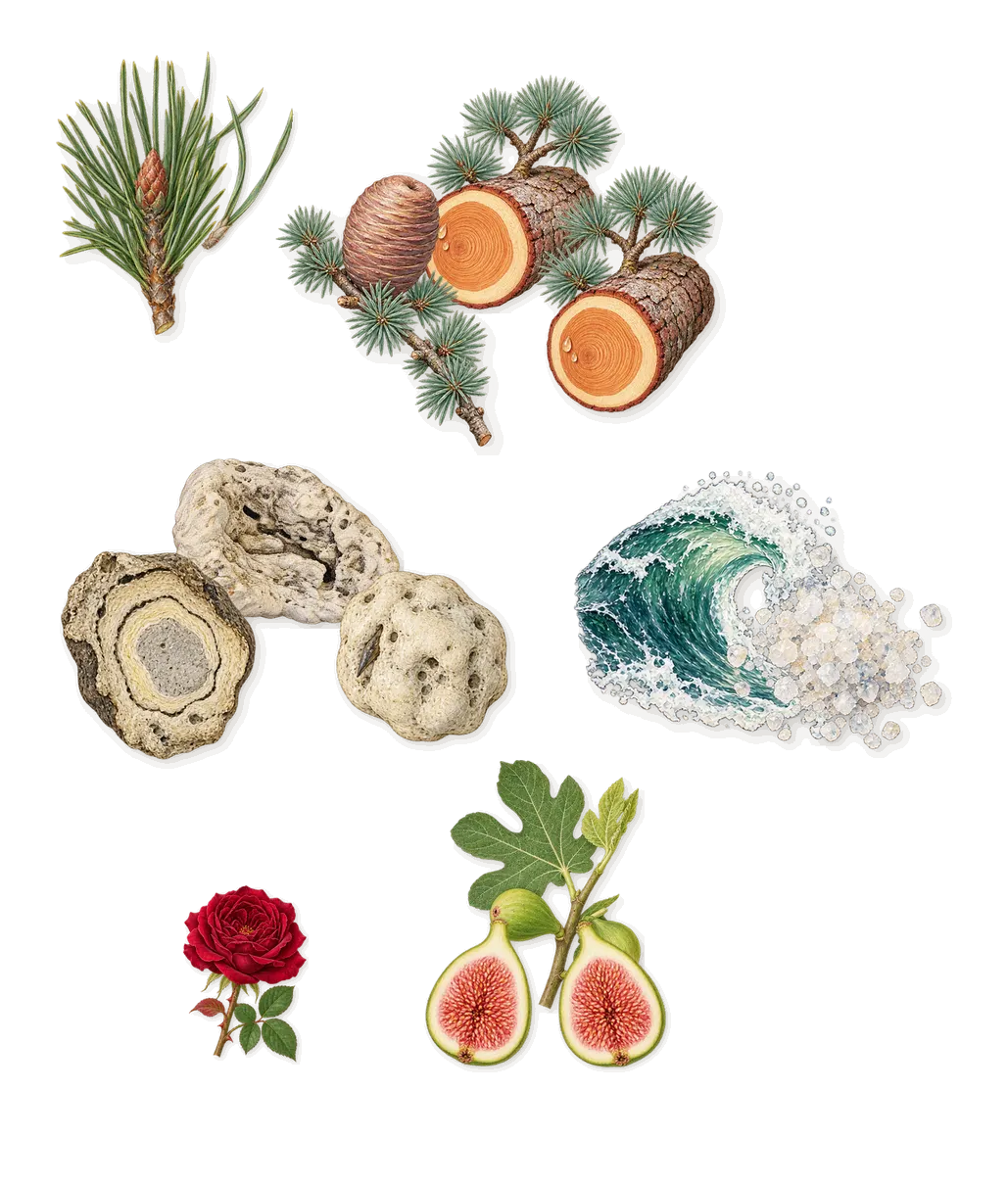 Cinque Terre, as it settles: Cedar, Pine, Fig, Sea salt, Ambergris, Citronellol (rose)