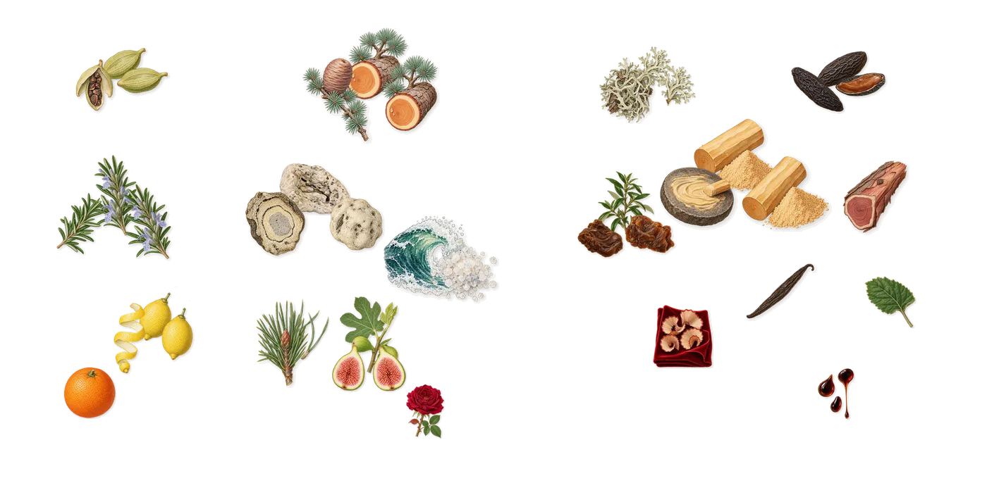 Cinque Terre’s scent picture, a draft: rosemary, lemon, cardamom, cedar, pine, fig drawn so far; dashed outlines where nothing is drawn yet