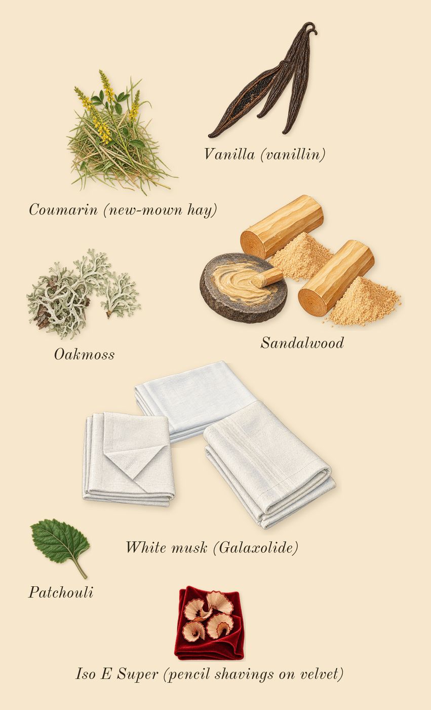 Instant Crush, dry-down: Sandalwood, Oakmoss, Vanilla (vanillin), White musk (Galaxolide), Patchouli, Iso E Super (pencil shavings on velvet), Coumarin (new-mown hay)