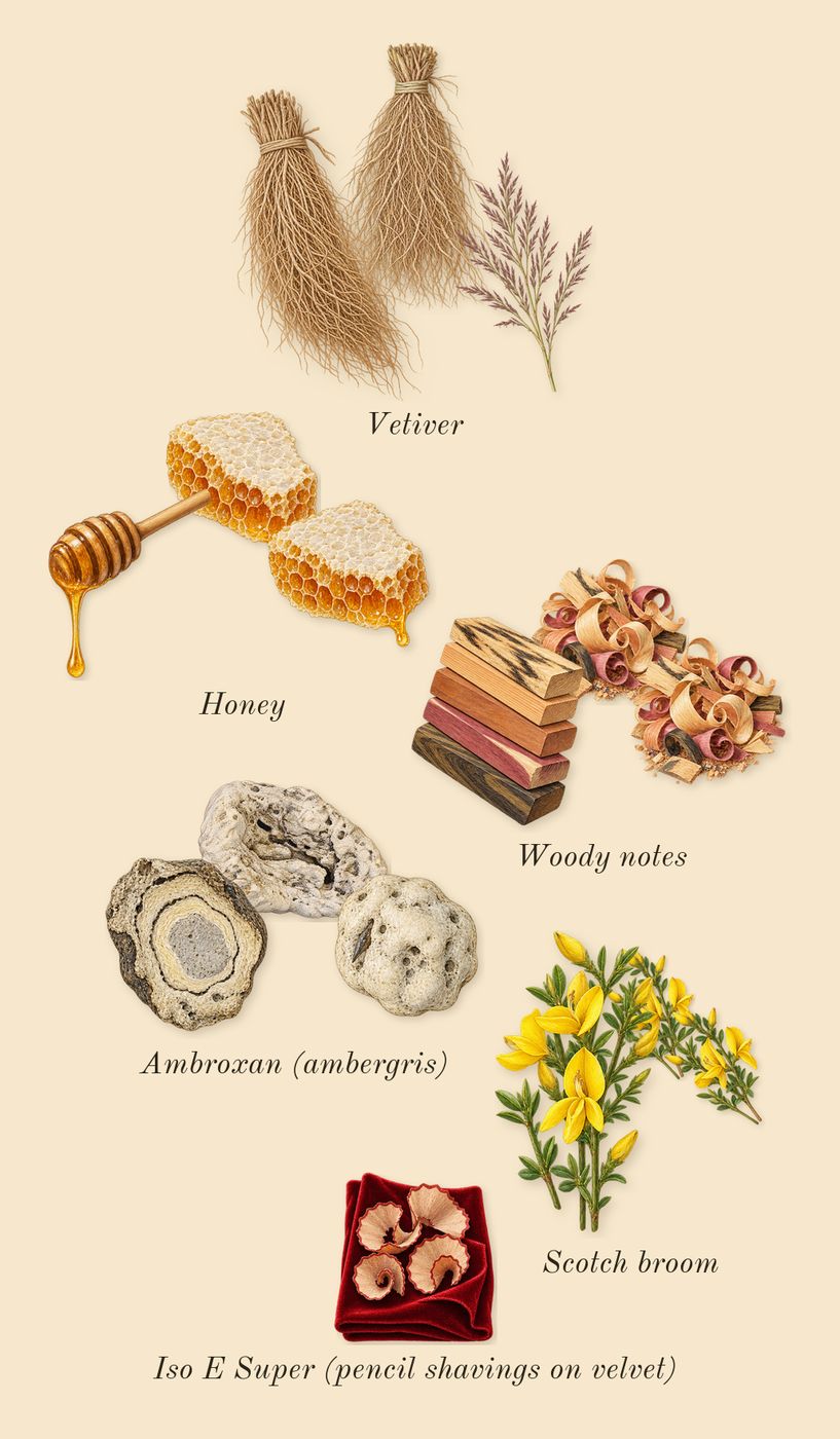 Tilia, dry-down: Scotch broom, Vetiver, Woody notes, Ambroxan (ambergris), Honey, Iso E Super (pencil shavings on velvet)