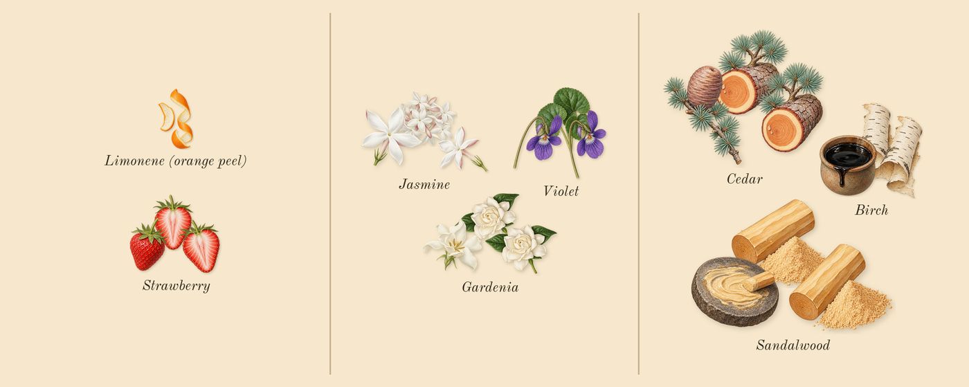 Daisy’s scent picture, a draft: strawberry, violet, jasmine, sandalwood, gardenia, birch drawn so far; dashed outlines where nothing is drawn yet