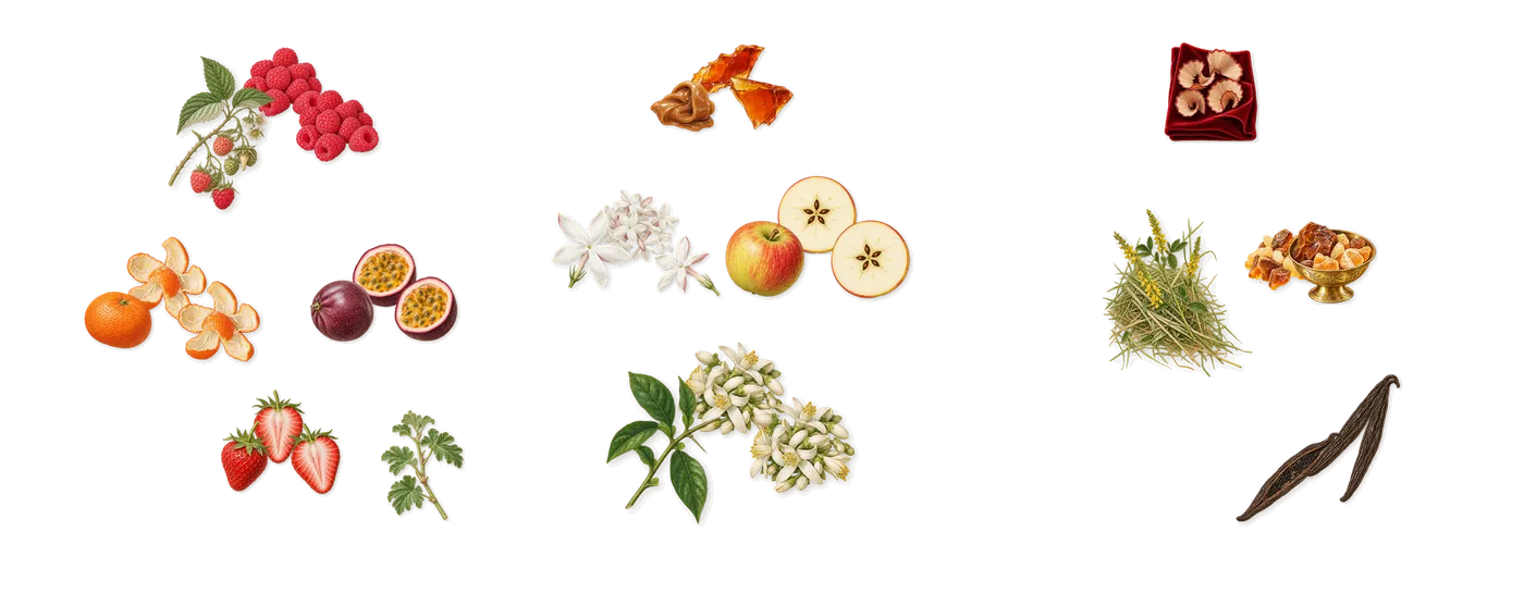 Just Perfect’s scent picture, a draft: strawberry, passion fruit, mandarin, raspberry, jasmine, caramel drawn so far; dashed outlines where nothing is drawn yet