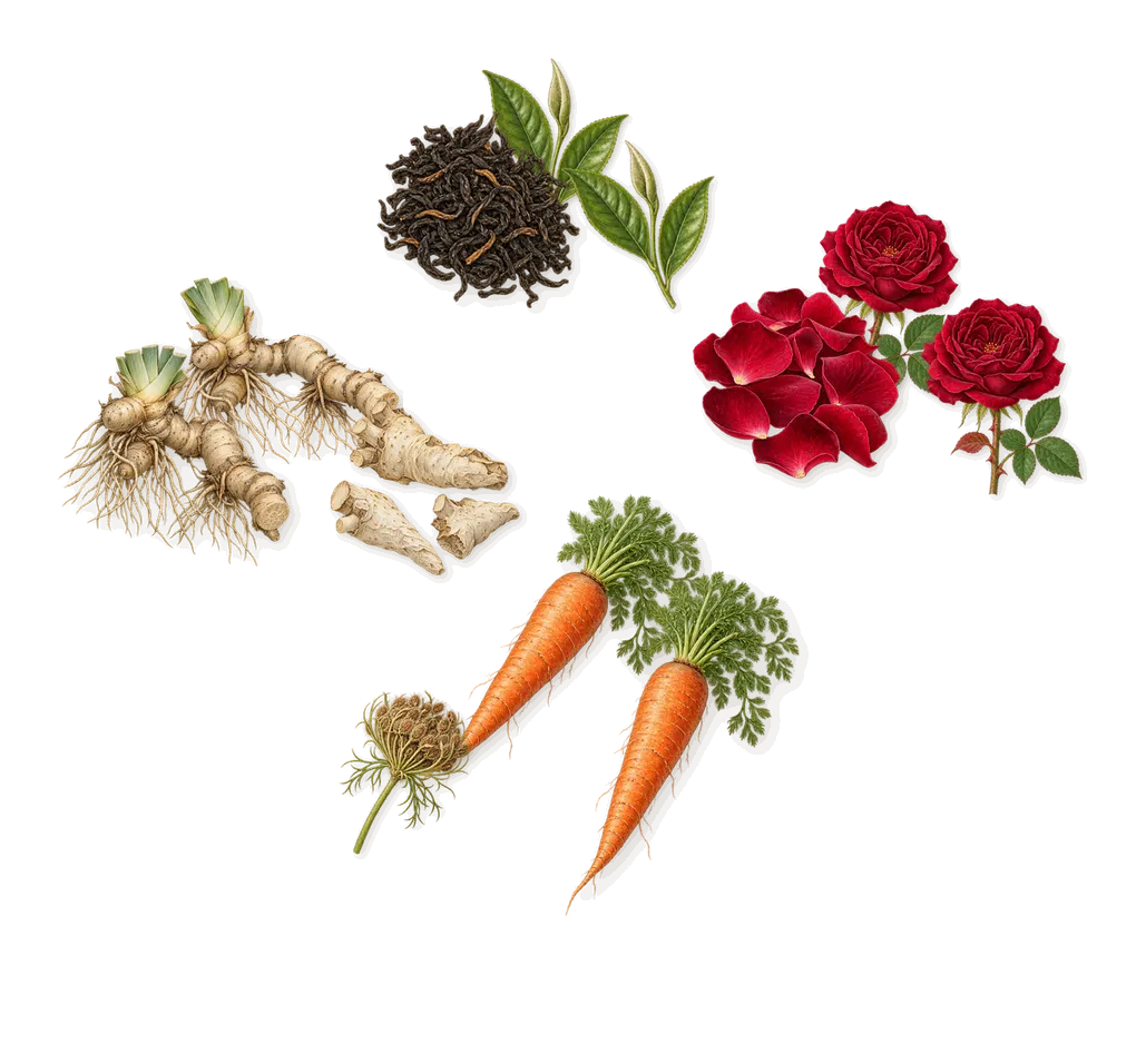 Lost Alice, as it settles: Carrot, Iris, Tea, Rose