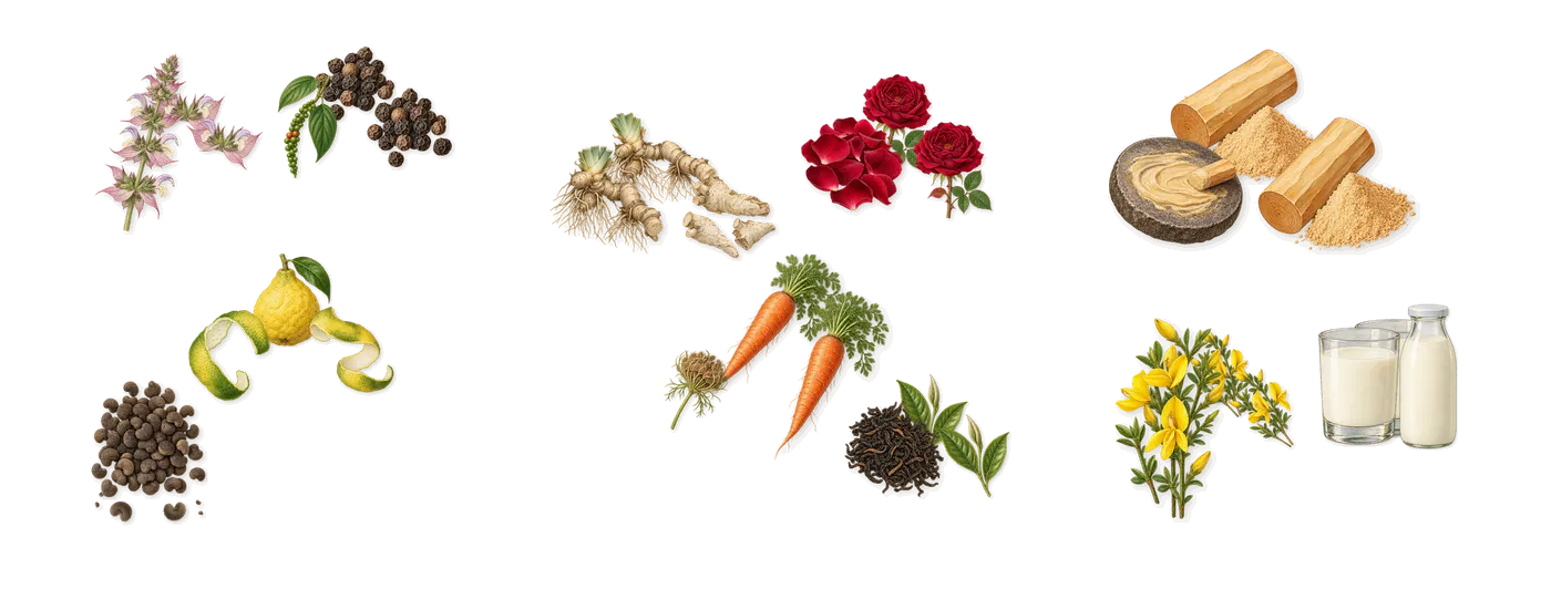 Lost Alice’s scent picture, a draft: bergamot, ambrette, clary sage, black pepper, carrot, iris drawn so far; dashed outlines where nothing is drawn yet