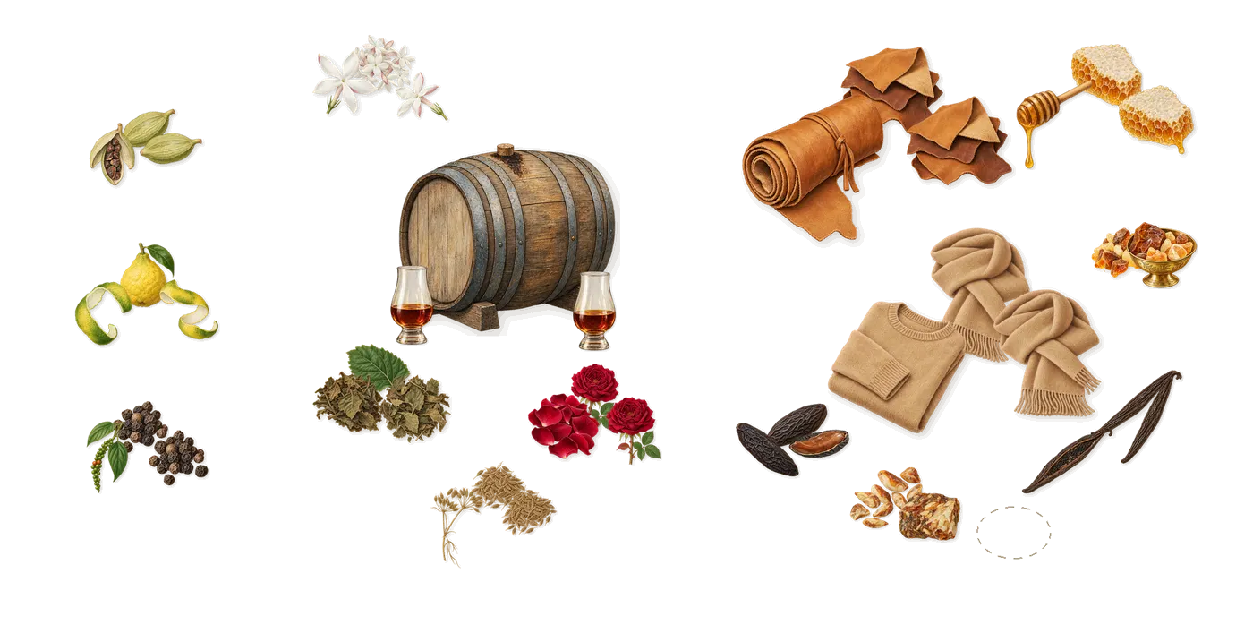 Tango’s scent picture, a draft: bergamot, black pepper, cardamom, jasmine, rose, cumin drawn so far; dashed outlines where nothing is drawn yet