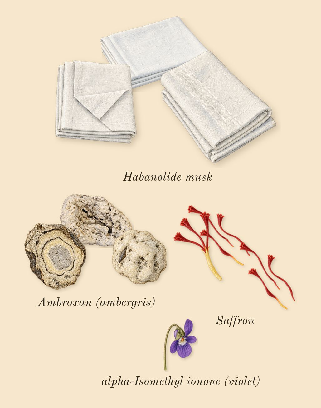 Crystal Saffron, dry-down: Saffron, Habanolide musk, Ambroxan (ambergris), alpha-Isomethyl ionone (violet)