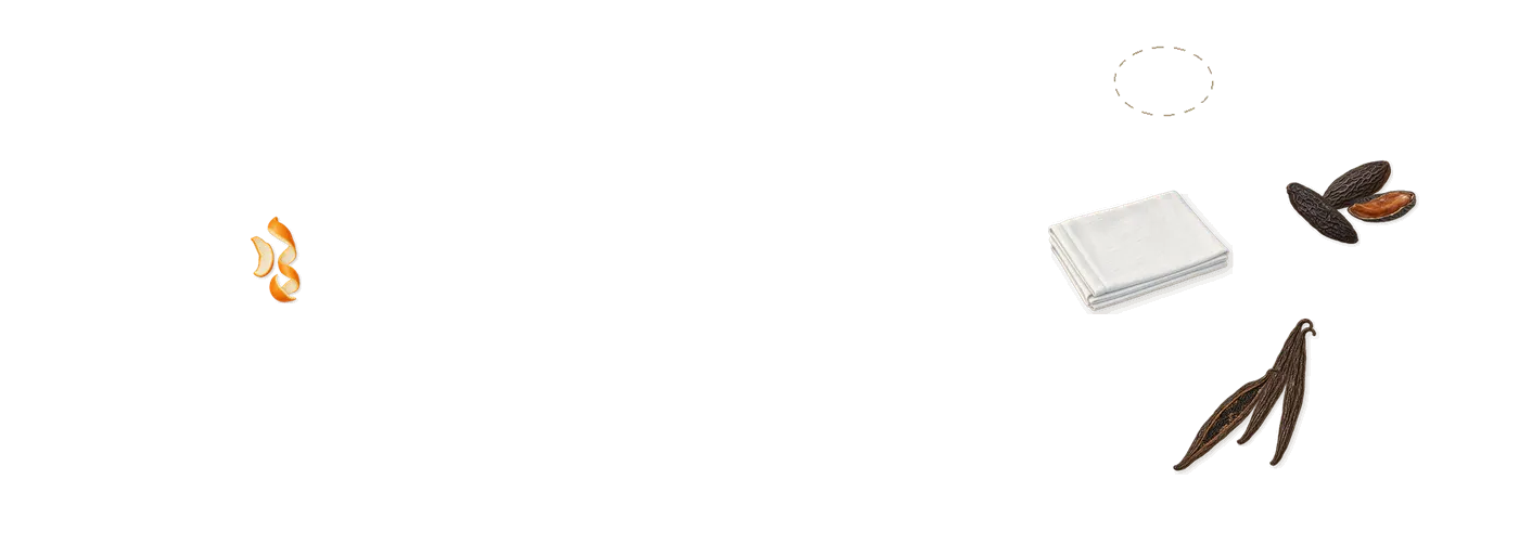 Vanilla Powder’s scent picture, a draft: vanilla (vanillin), tonka (coumarin), galaxolide (musk), limonene (orange peel) drawn so far; dashed outlines where nothing is drawn yet