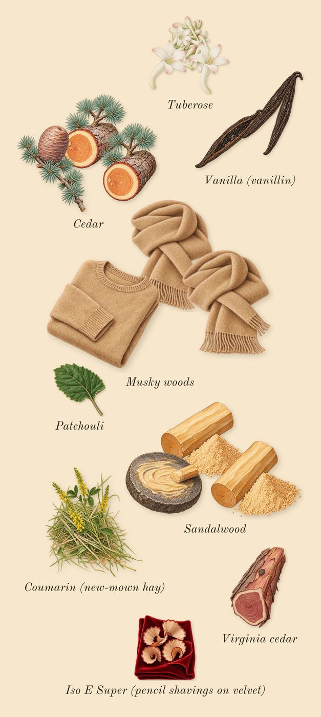 Le Parfum, dry-down: Sandalwood, Vanilla (vanillin), Tuberose, Musky woods, Cedar, Virginia cedar, Patchouli, Iso E Super (pencil shavings on velvet), Coumarin (new-mown hay)