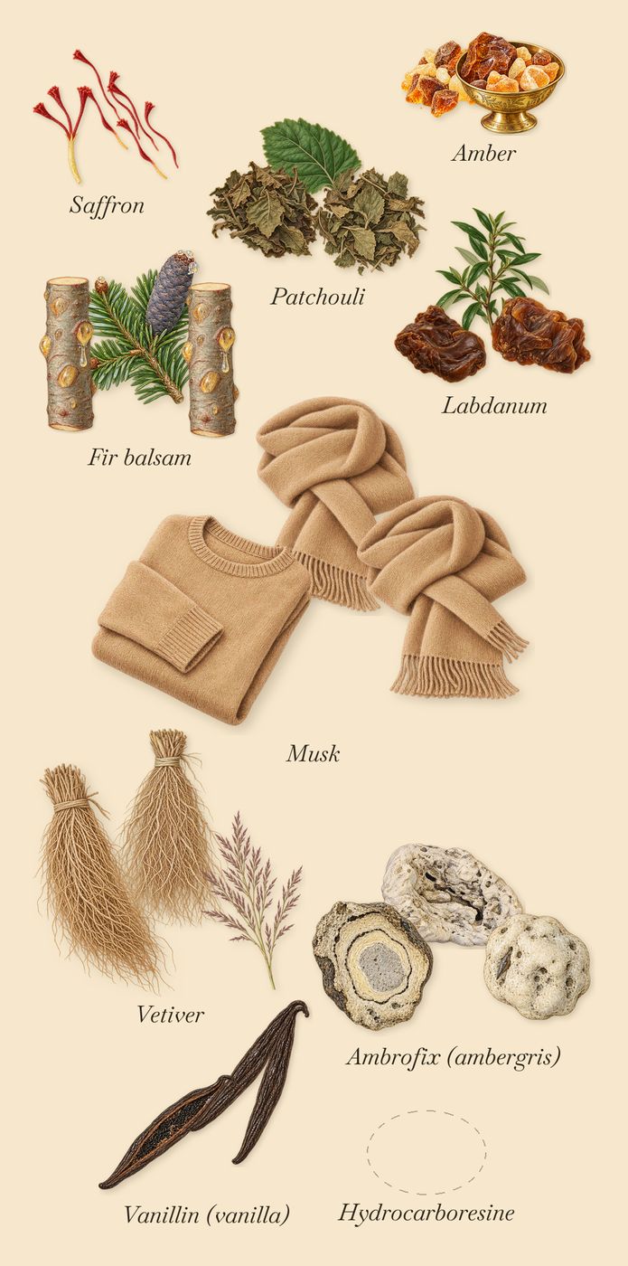 Abu Dhabi, what stays: Vetiver, Patchouli, Labdanum, Hydrocarboresine, Fir balsam, Vanillin (vanilla), Ambrofix (ambergris), Musk, Amber, Saffron
