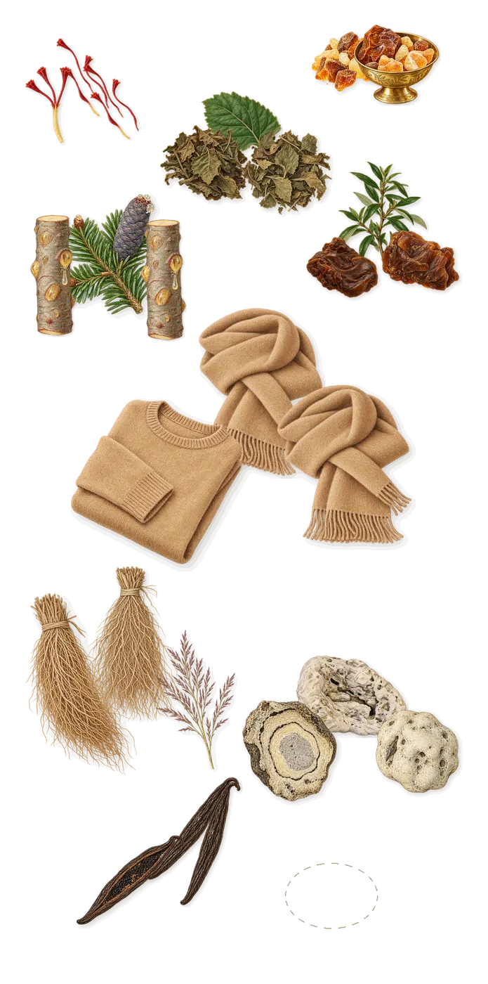Abu Dhabi, what stays: Vetiver, Patchouli, Labdanum, Hydrocarboresine, Fir balsam, Vanillin (vanilla), Ambrofix (ambergris), Musk, Amber, Saffron