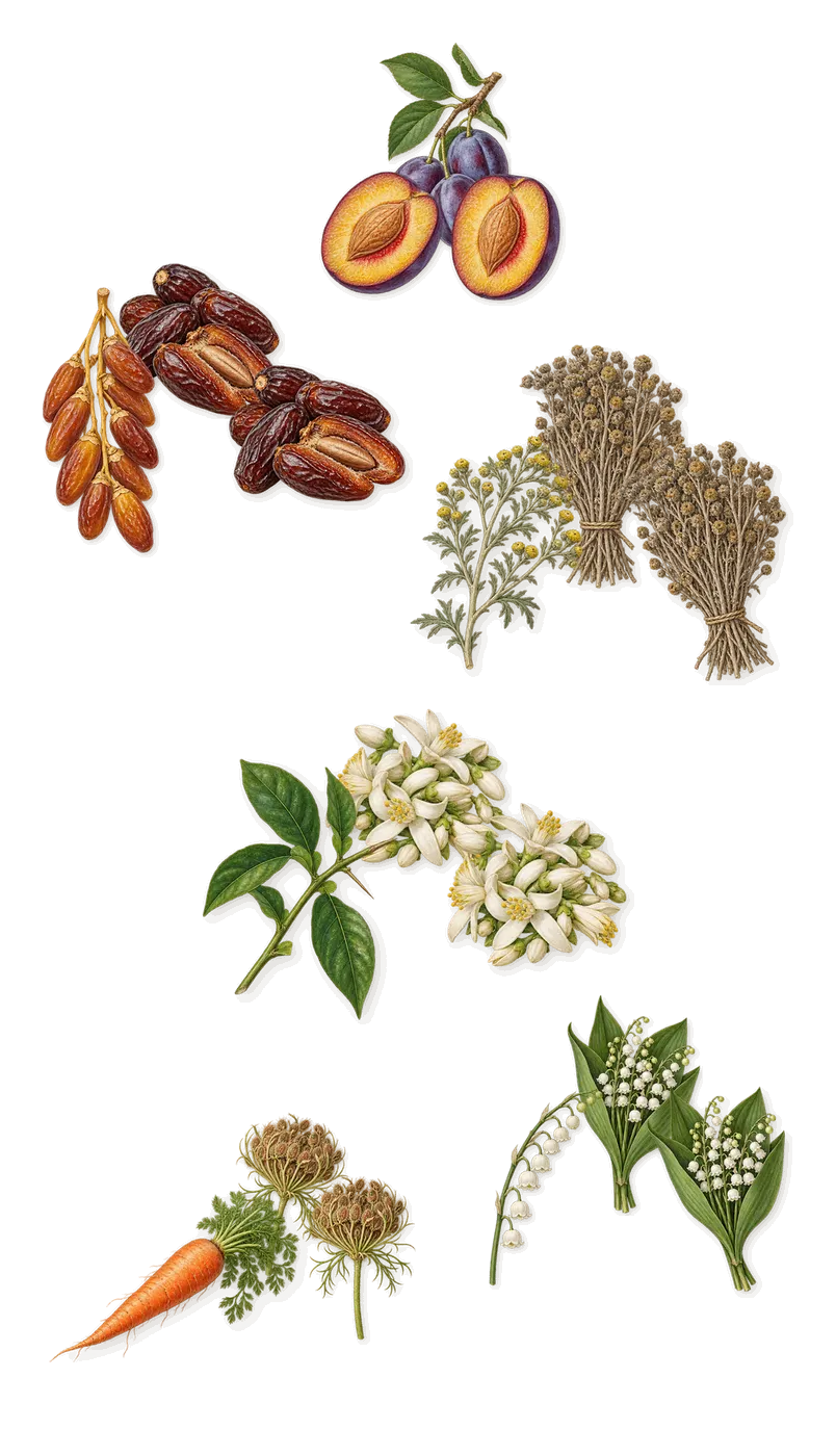 Abu Dhabi, as it settles: Date, Plum, Davana, Carrot, Bitter orange, Lily of the valley
