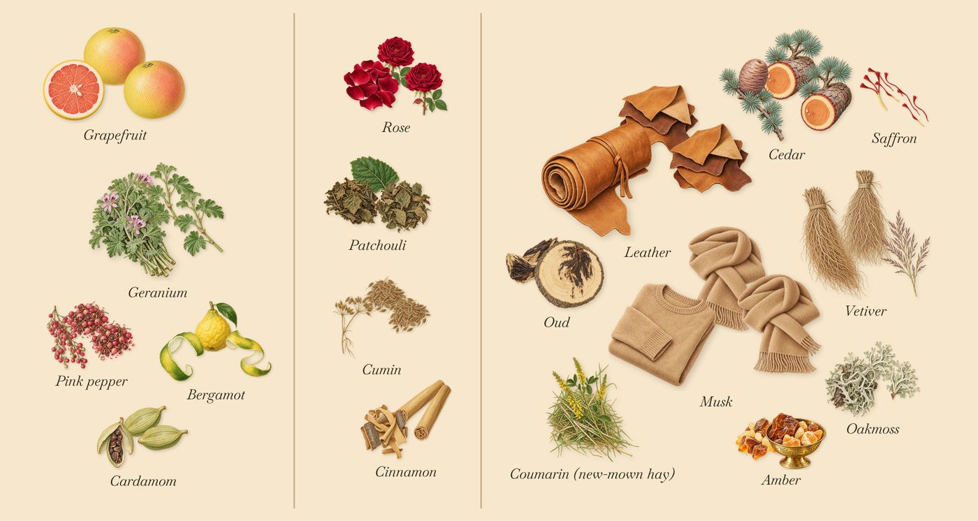 African Leather’s scent picture, a draft: cardamom, geranium, pink pepper, rose, patchouli, cinnamon drawn so far; dashed outlines where nothing is drawn yet