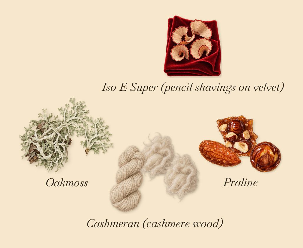 Darling Point, what stays: Oakmoss, Cashmeran (cashmere wood), Praline, Iso E Super (pencil shavings on velvet)