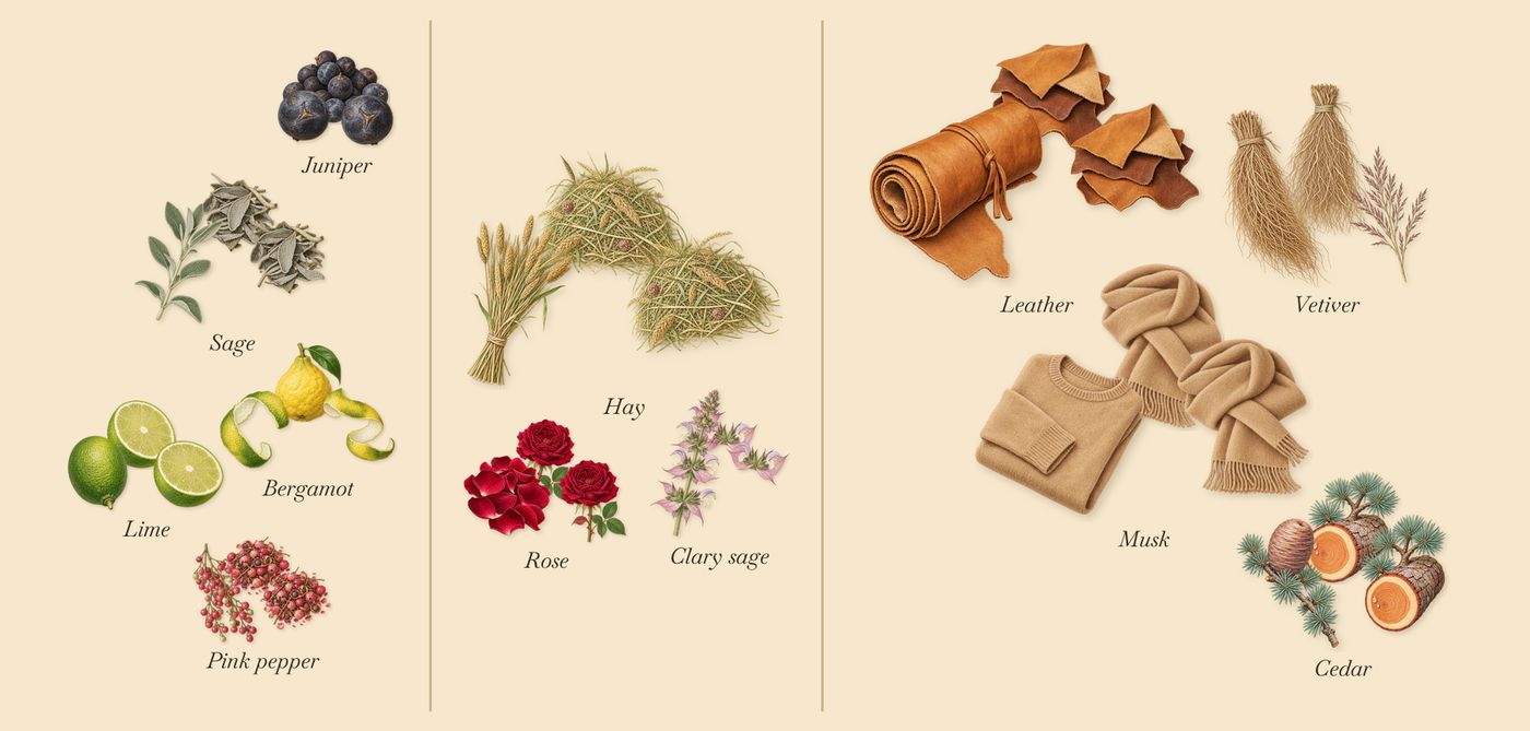 French Leather’s scent picture, a draft: juniper, lime, bergamot, pink pepper, rose, clary sage drawn so far; dashed outlines where nothing is drawn yet