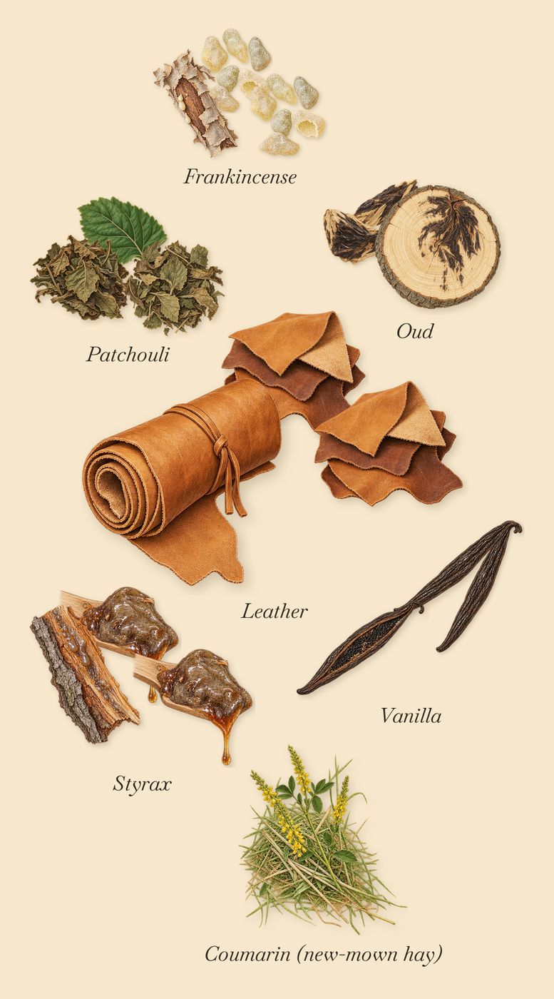 Indian Leather, what stays: Vanilla, Patchouli, Styrax, Oud, Frankincense, Leather, Coumarin (new-mown hay)