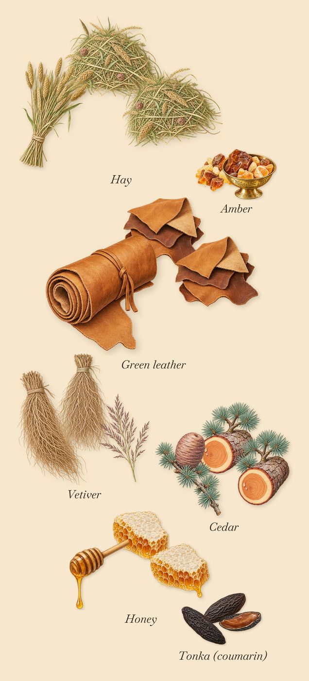 Irish Leather, what stays: Green leather, Cedar, Vetiver, Amber, Honey, Hay, Tonka (coumarin)