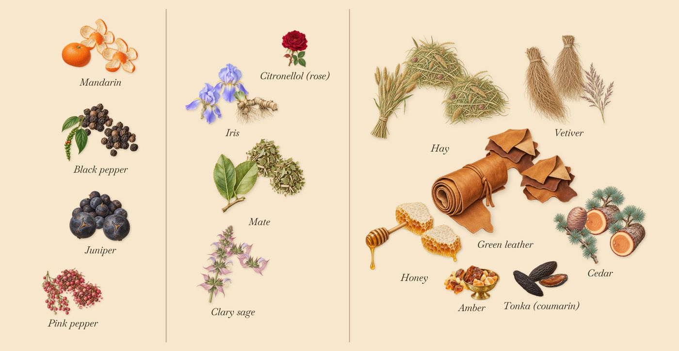 Irish Leather’s scent picture, a draft: black pepper, mandarin, juniper, iris, clary sage, mate drawn so far; dashed outlines where nothing is drawn yet