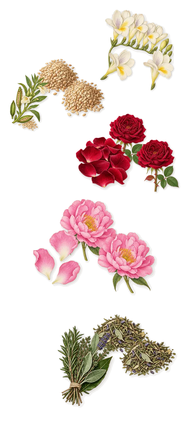 Kedu, as it settles: Aromatic notes, Sesame, Rose, Peony, Freesia
