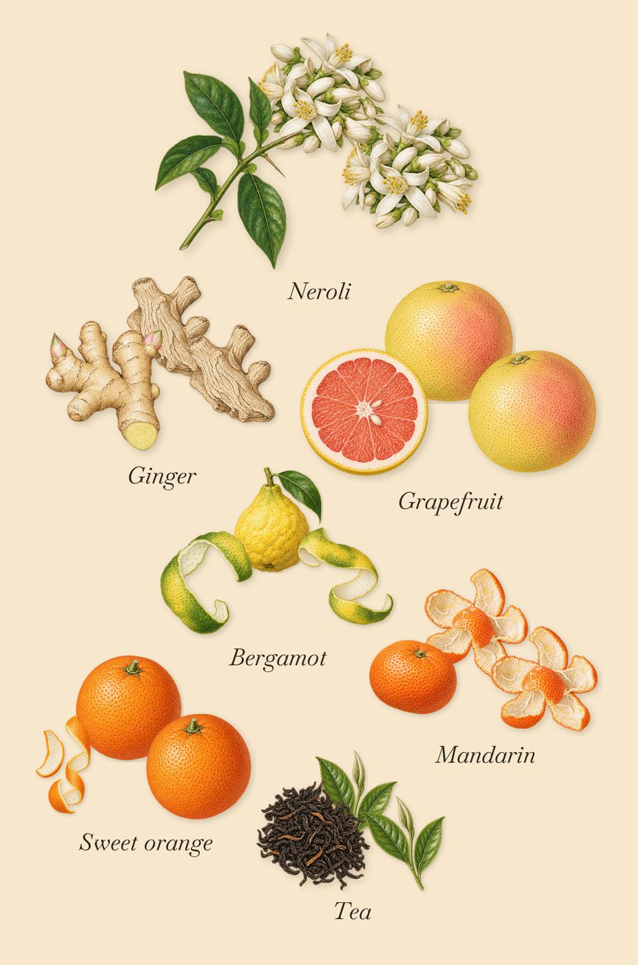 Kedu, when you spray it: Sweet orange, Mandarin, Bergamot, Grapefruit, Tea, Ginger, Neroli