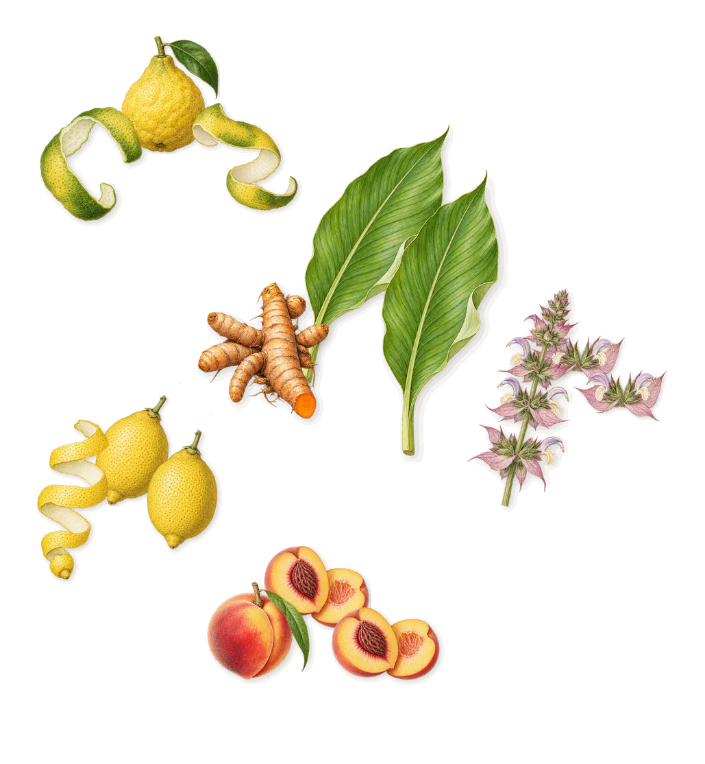Madurai, when you spray it: Lemon, Bergamot, Turmeric, Clary sage, Peach