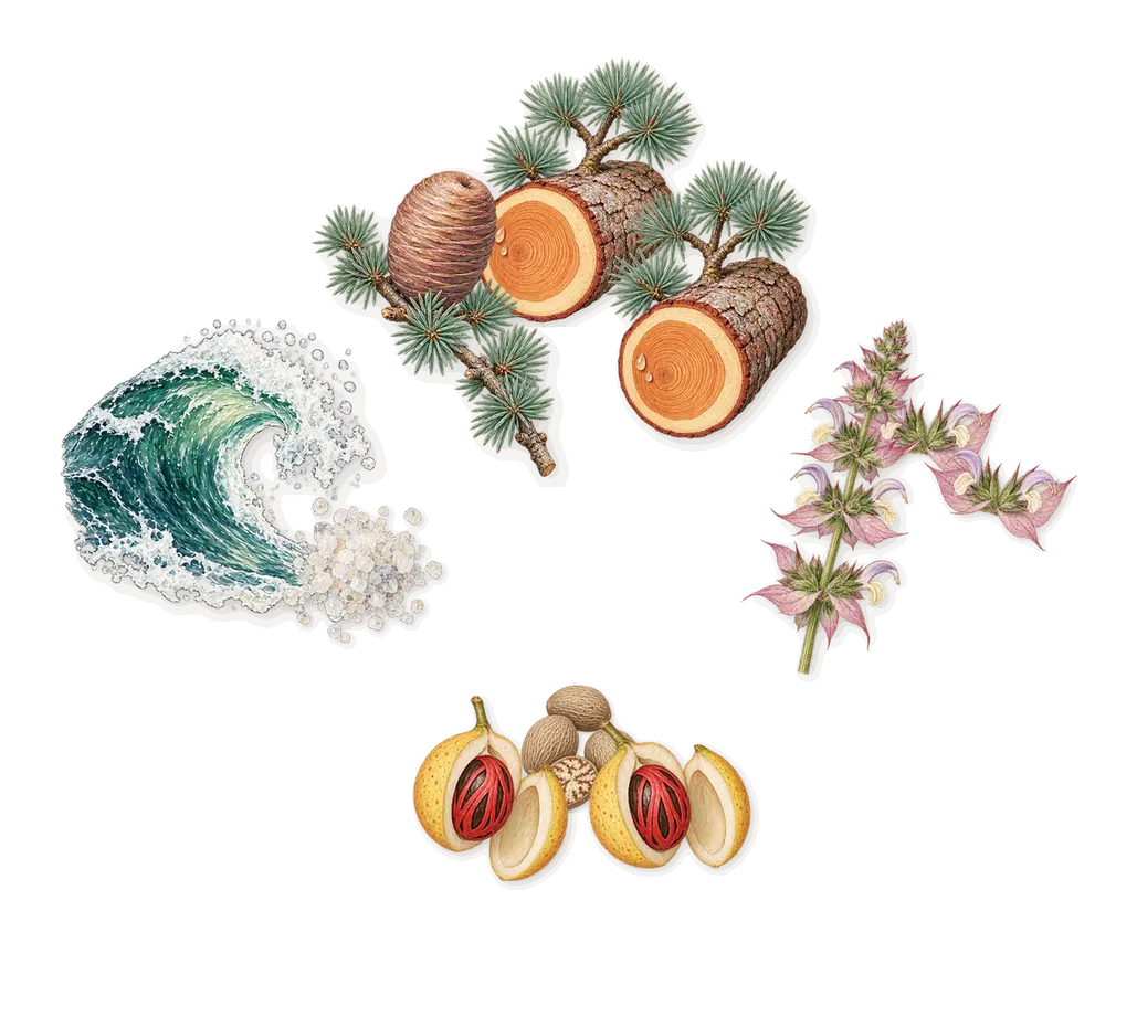 Ocean Leather, as it settles: Clary sage, Marine notes, Cedar, Nutmeg
