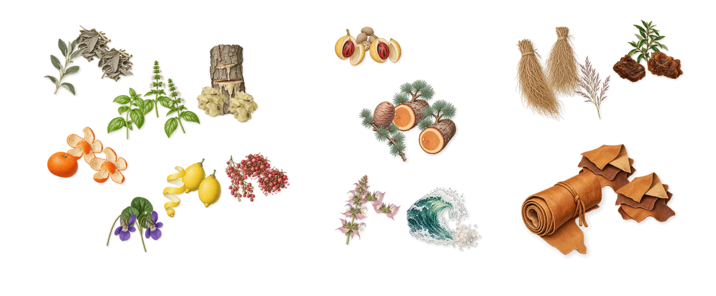 Ocean Leather’s scent picture, a draft: lemon, mandarin, pink pepper, clary sage, marine notes, cedar drawn so far; dashed outlines where nothing is drawn yet