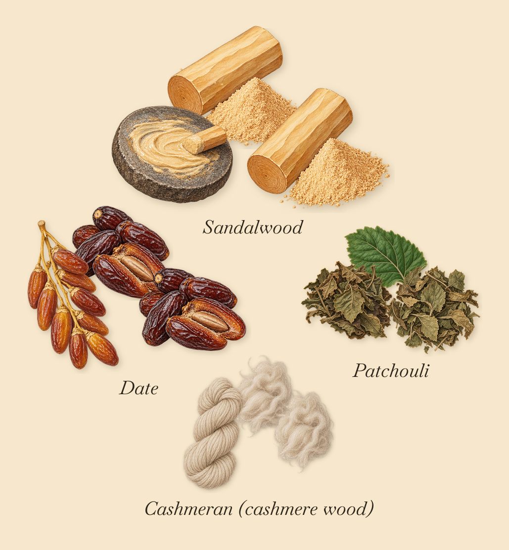 Odéon, as it settles: Sandalwood, Cashmeran (cashmere wood), Patchouli, Date