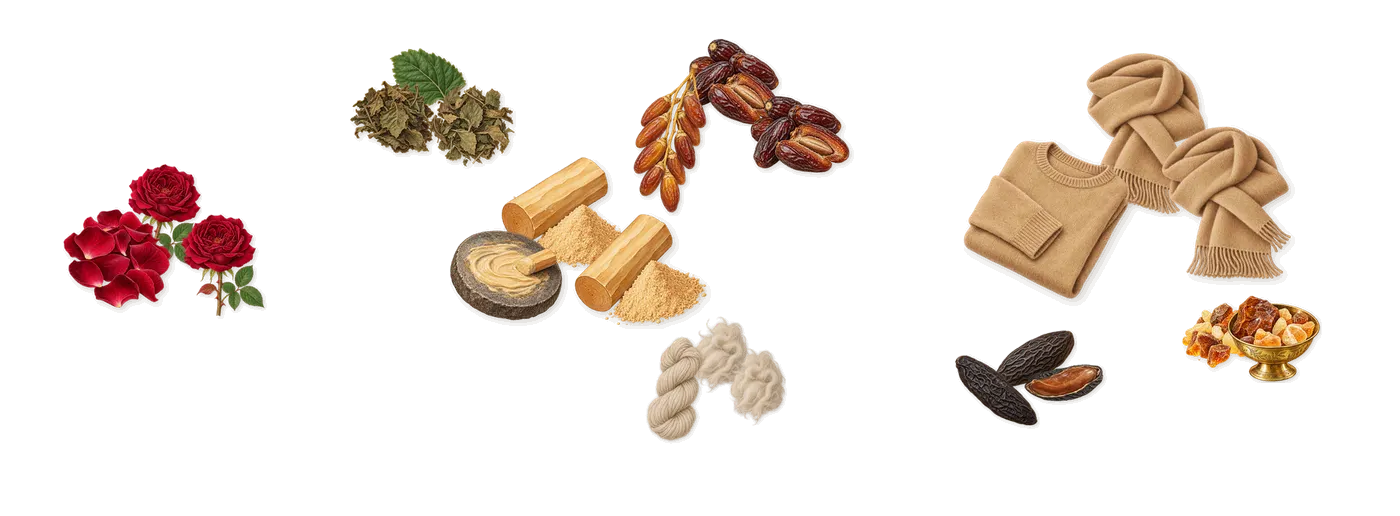 Odéon’s scent picture, a draft: rose, sandalwood, cashmeran (cashmere wood), patchouli, tonka (coumarin), amber drawn so far; dashed outlines where nothing is drawn yet