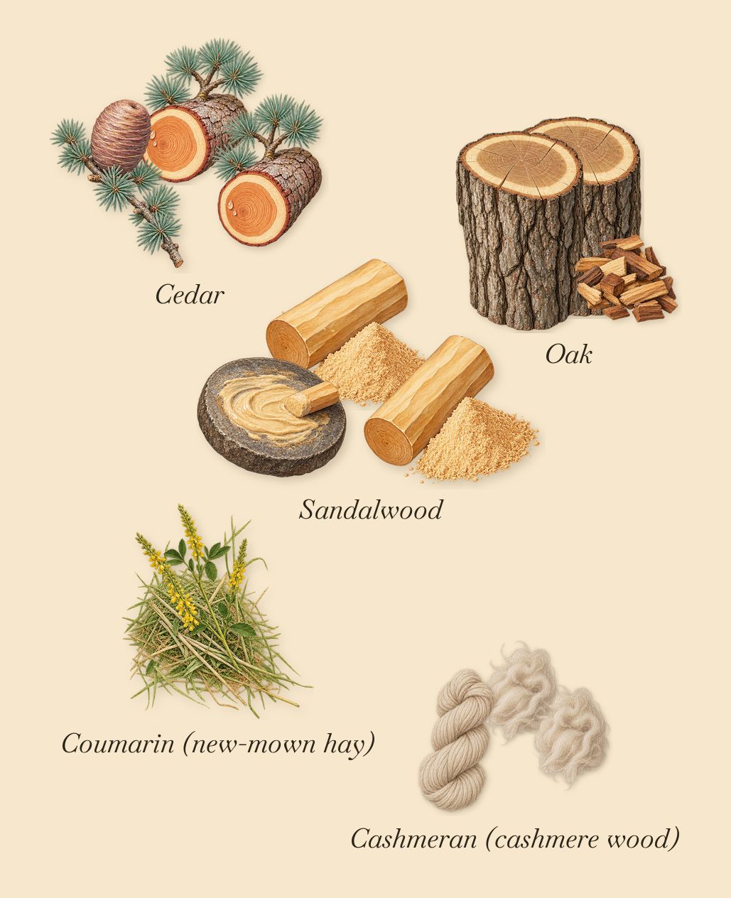 Sherwood, what stays: Sandalwood, Oak, Cashmeran (cashmere wood), Cedar, Coumarin (new-mown hay)
