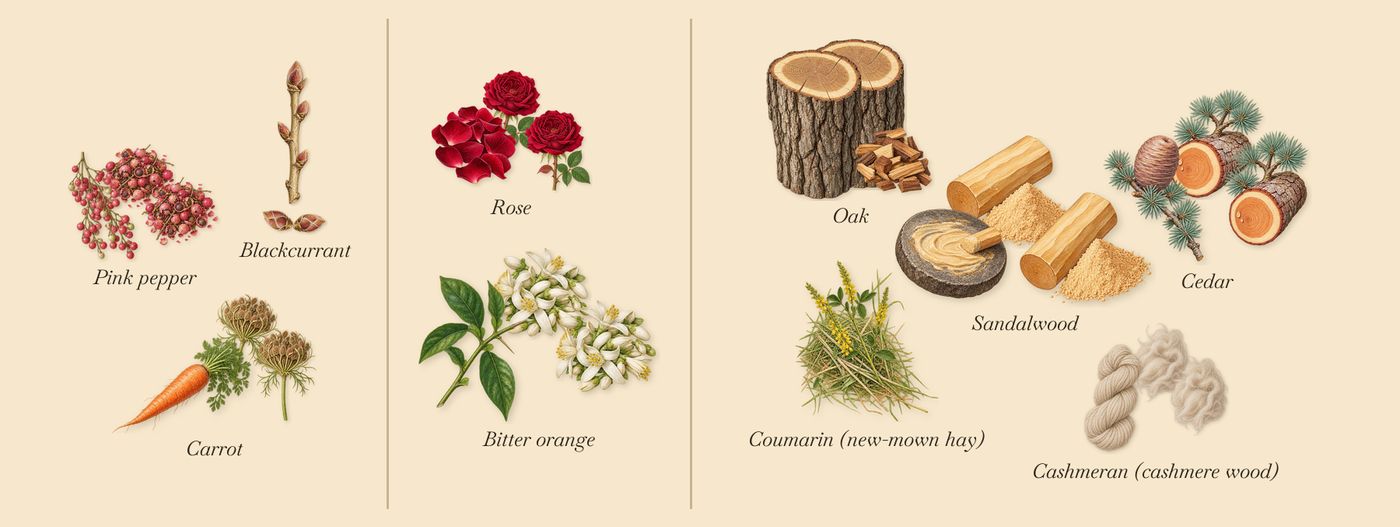 Sherwood’s scent picture, a draft: blackcurrant, pink pepper, carrot, bitter orange, rose, sandalwood drawn so far; dashed outlines where nothing is drawn yet