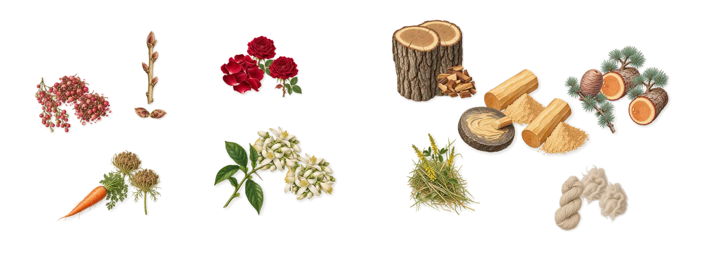 Sherwood’s scent picture, a draft: blackcurrant, pink pepper, carrot, bitter orange, rose, sandalwood drawn so far; dashed outlines where nothing is drawn yet
