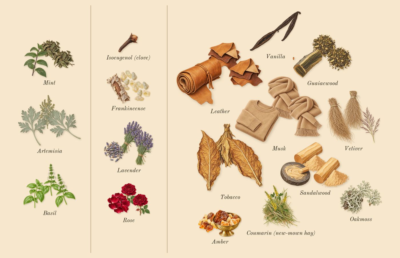Memoir Man’s scent picture, a draft: artemisia, basil, mint, rose, frankincense, lavender drawn so far; dashed outlines where nothing is drawn yet