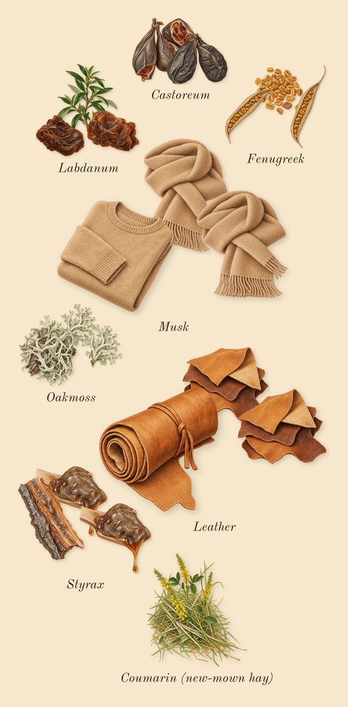 Memoir Woman, dry-down: Styrax, Oakmoss, Castoreum, Leather, Labdanum, Fenugreek, Musk, Coumarin (new-mown hay)