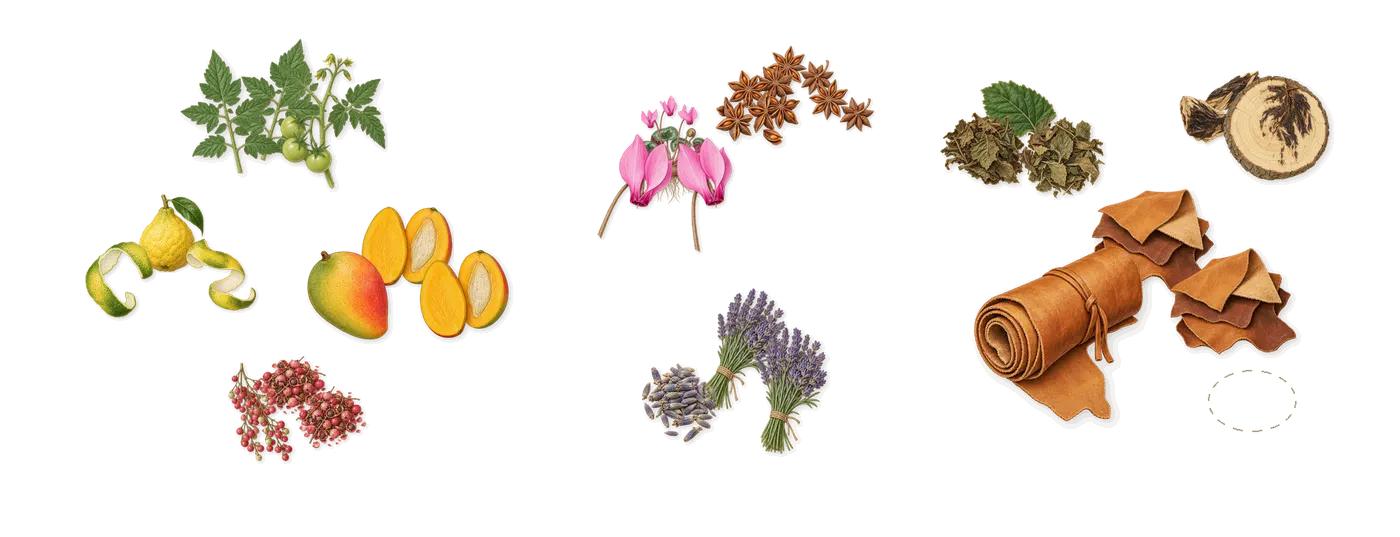 Blockade’s scent picture, a draft: mango, pink pepper, tomato leaf, bergamot, lavender, cyclamen drawn so far; dashed outlines where nothing is drawn yet