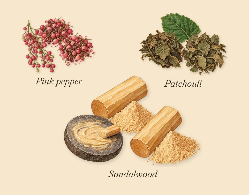 Counterplay, what stays: Sandalwood, Patchouli, Pink pepper