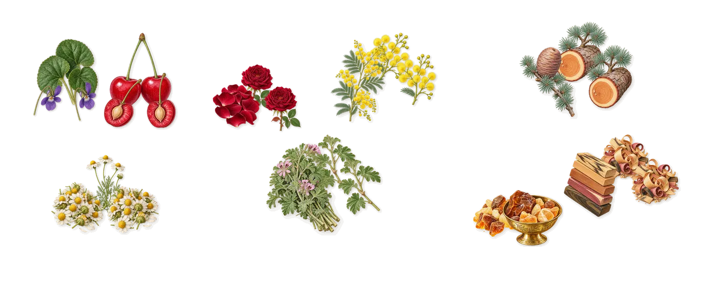 French Defense’s scent picture, a draft: cherry, violet, chamomile, geranium, rose, mimosa drawn so far; dashed outlines where nothing is drawn yet