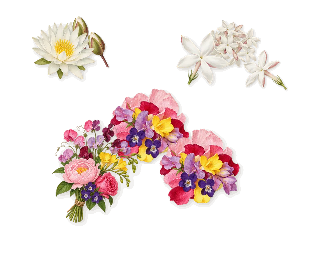 Playmate, as it settles: Water lily, Jasmine, Tiare flower