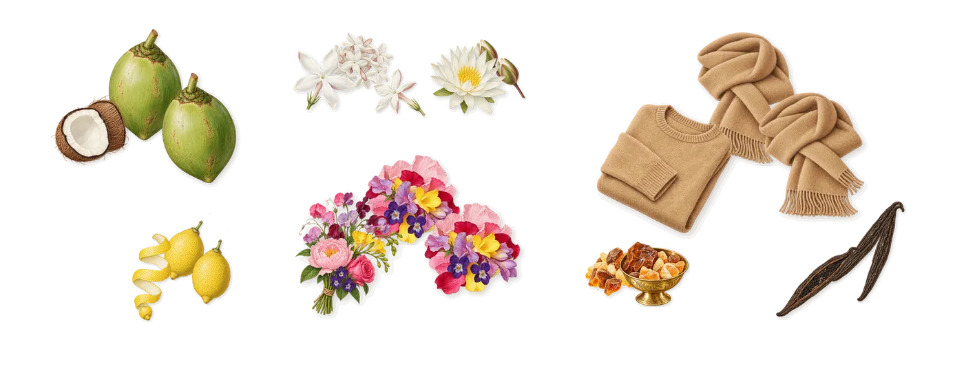 Playmate’s scent picture, a draft: lemon, coconut, water lily, jasmine, tiare flower, musk drawn so far; dashed outlines where nothing is drawn yet