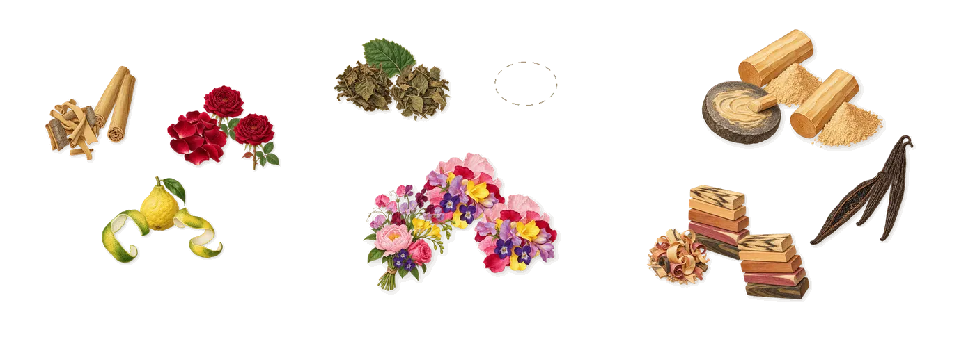 Prodigy’s scent picture, a draft: bergamot, cinnamon, rose, longoza flower, patchouli, sandalwood drawn so far; dashed outlines where nothing is drawn yet