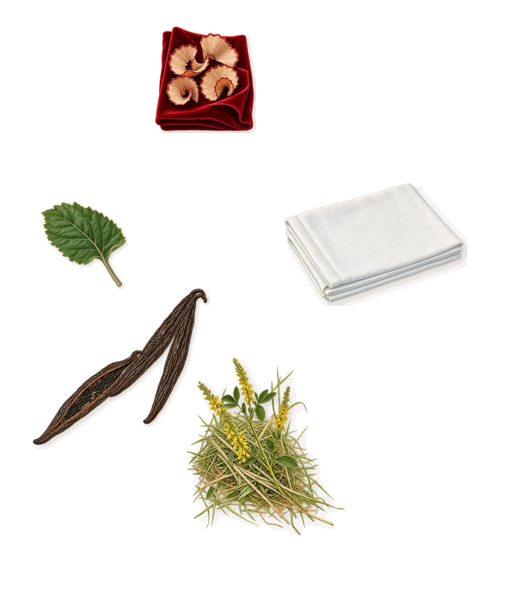 Miutine Intense, what stays: Vanilla, Patchouli, Iso E Super (pencil shavings on velvet), Coumarin (new-mown hay), Hexadecanolactone (musk)