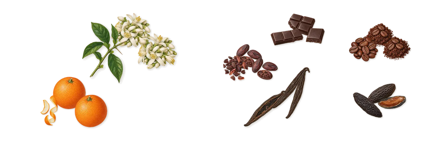 Chocolate Greedy’s scent picture, a draft: bitter orange, cacao, vanilla, coffee, tonka, sweet orange drawn so far; dashed outlines where nothing is drawn yet