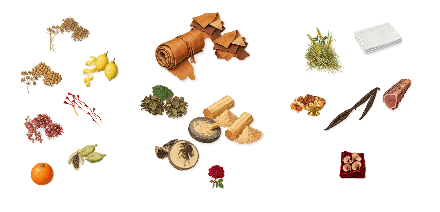 Dark Vanilla’s scent picture, a draft: pink pepper, saffron, cumin, cardamom, lemon, coriander drawn so far; dashed outlines where nothing is drawn yet