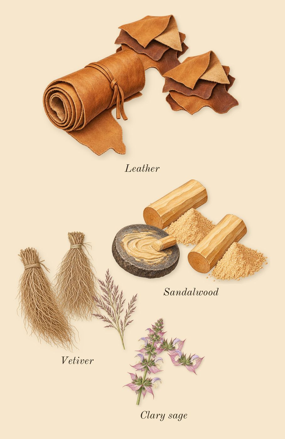 Explorer, heart: Vetiver, Leather, Sandalwood, Clary sage